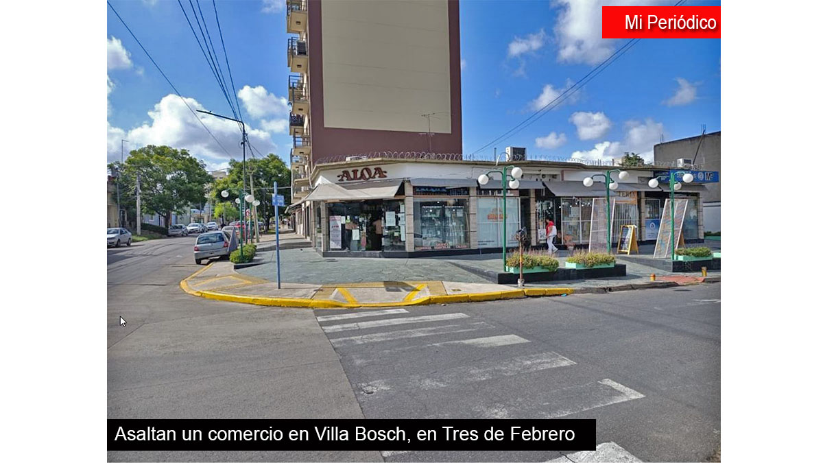 "Frente del comercio en Villa Bosch asaltado por dos delincuentes armados este sábado por la mañana".