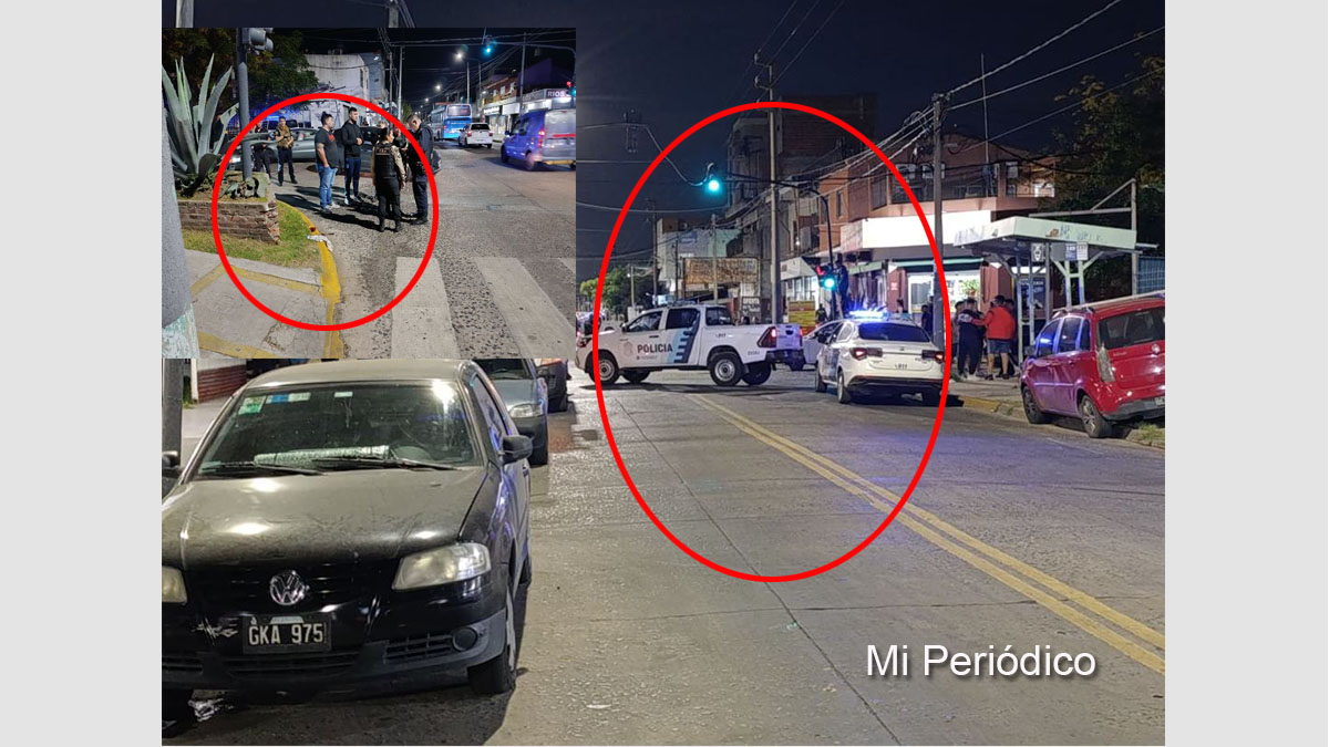 Patrulleros y efectivos policiales en el cruce de Perón y Paraguay, Pablo Podestá, donde balean a un motociclista en Tres de Febrero durante un robo frustrado.