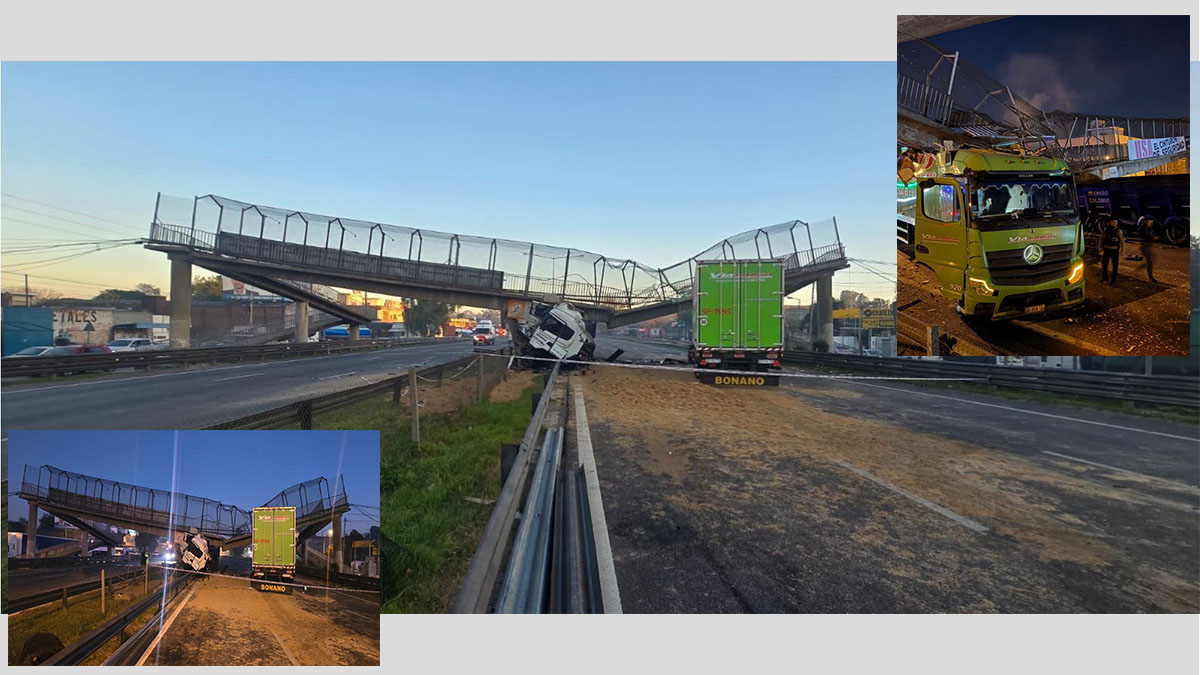 Derrumbe de pasarela peatonal sobre la Autopista Panamericana a la altura de Escobar tras el choque de un camión arenero.