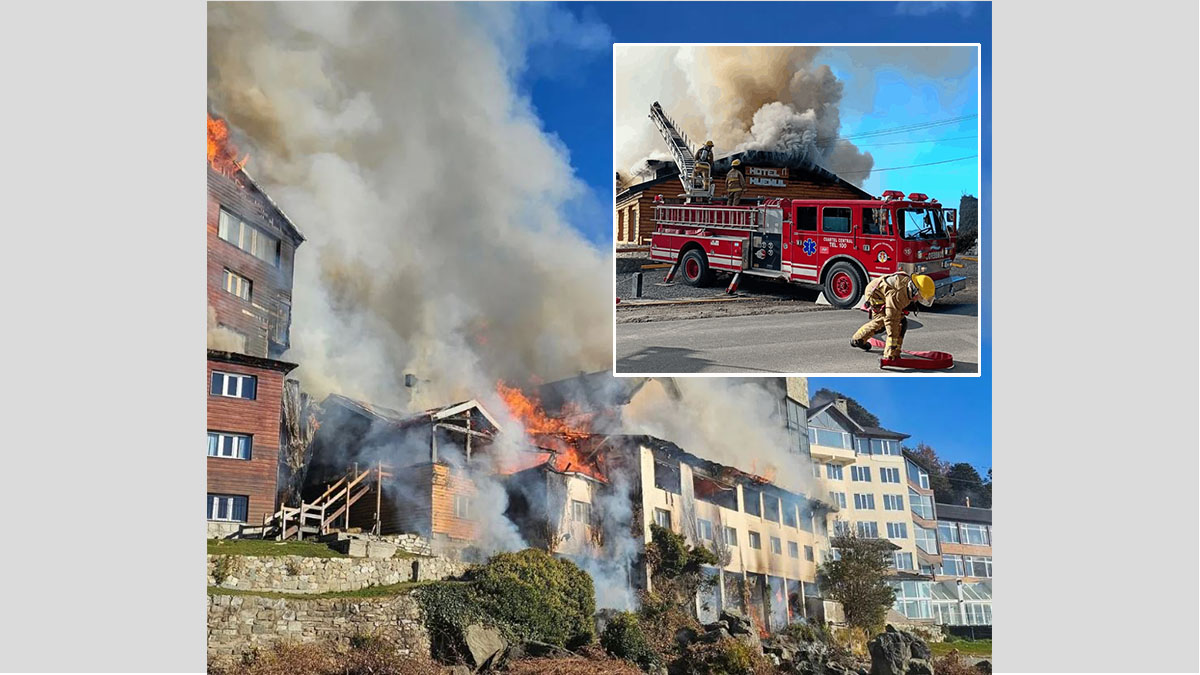 Columna de humo negro durante el incendio en el Hotel Huemul, visible desde distintos puntos de Bariloche este sábado.