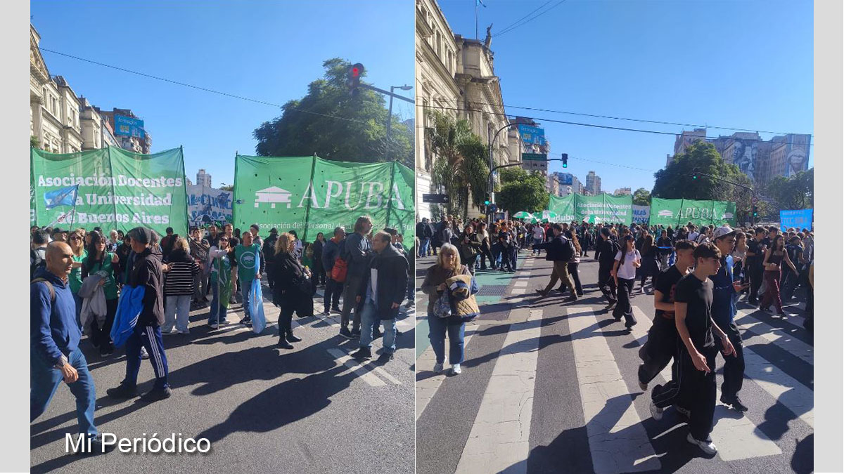 Vista de la marcha universitaria en Plaza de Mayo con miles de manifestantes reclamando el financiamiento universitario