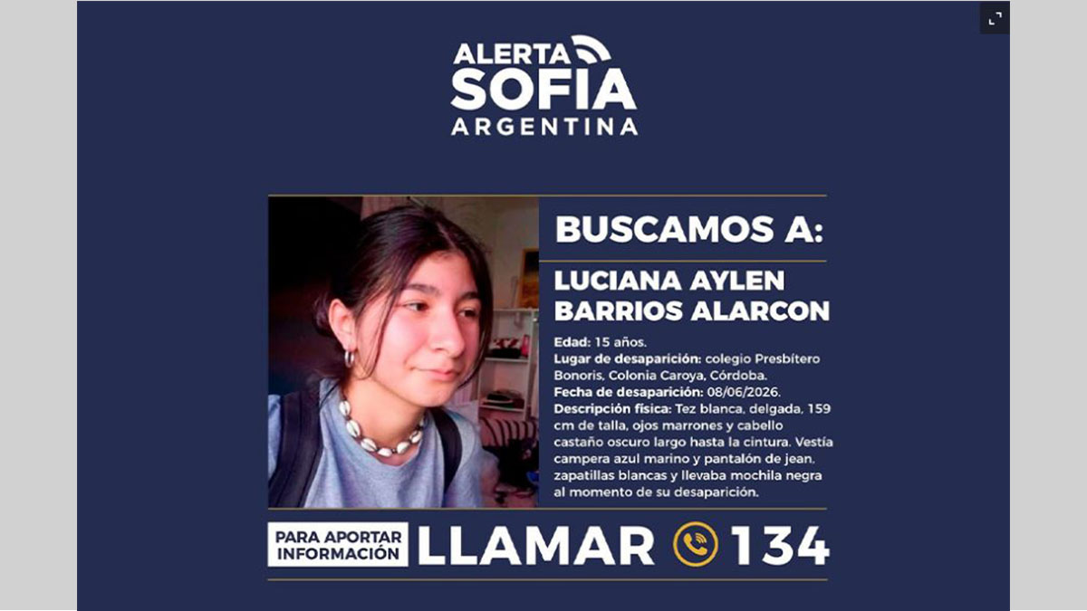 Afiche de búsqueda de Luciana Barrios Alarcón en el marco de la desaparición en Colonia Caroya activada por Alerta Sofía