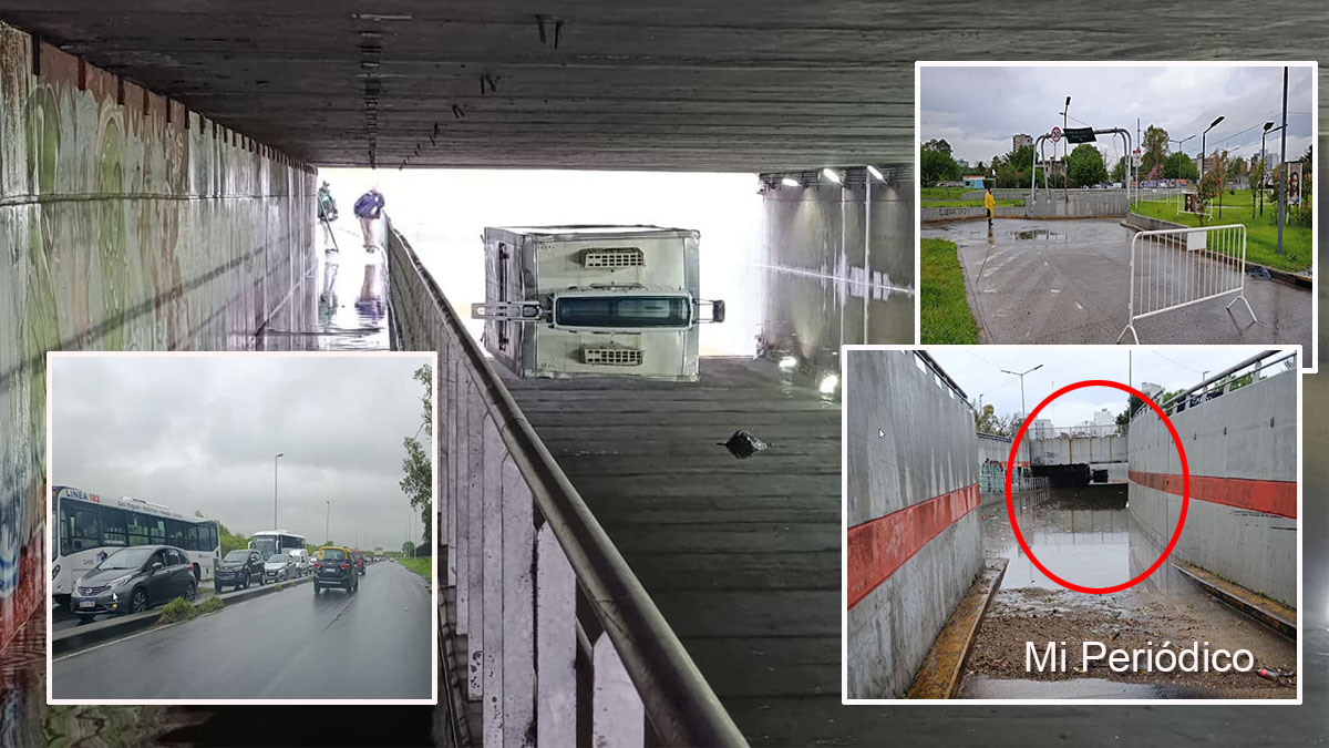 Túnel Matienzo inundado con un camión con caja refrigerada atrapado bajo el agua
